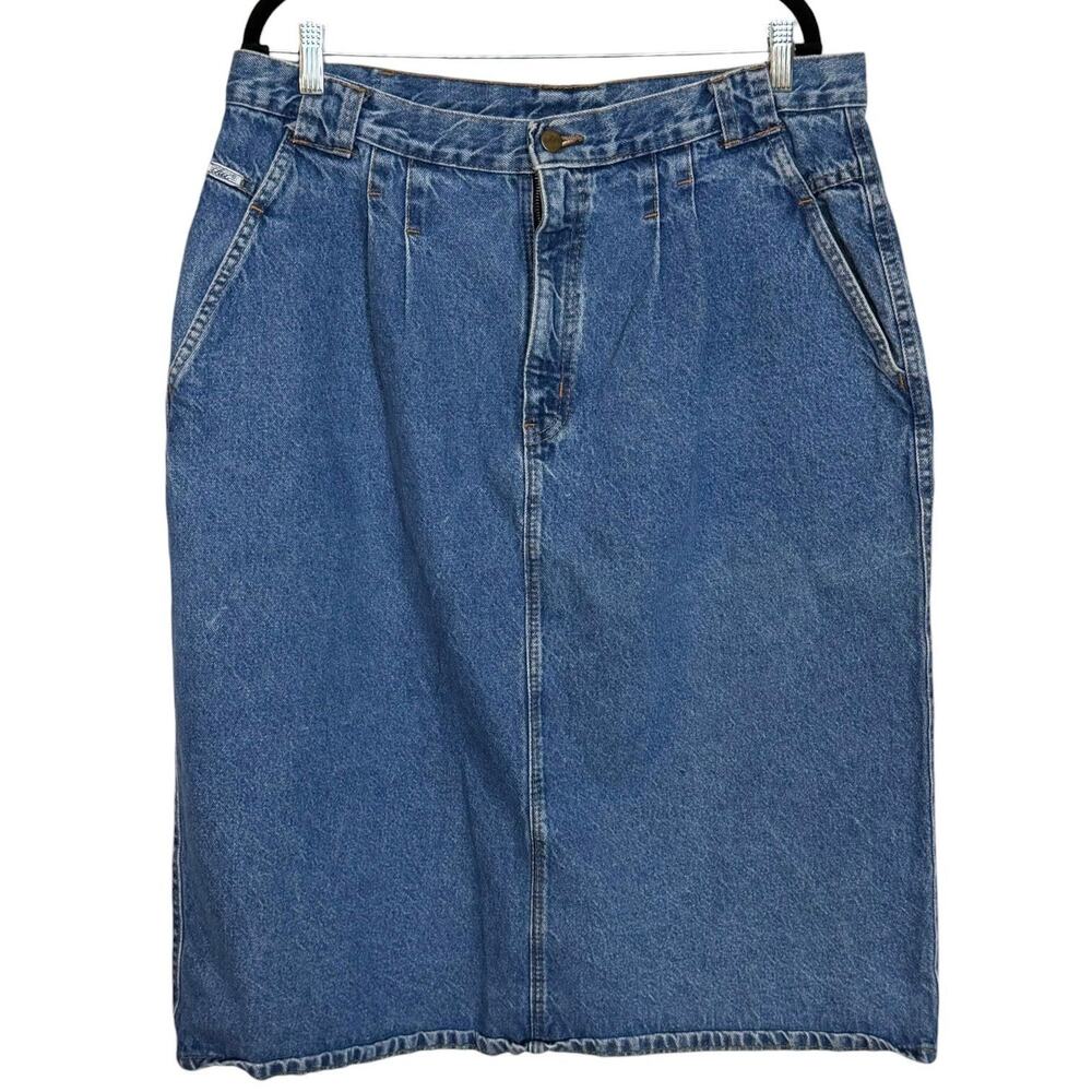 VINTAGE CHIC HIGH WAISTED PLEATED DENIM MIDI SKIRT SIZE 20 MEDIUM WASH 80S 90S